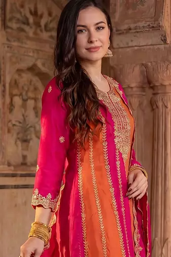 Women Ethnic Motifs Embroidered Panelled Thread Work Kurta with Palazzos & With Dupatta