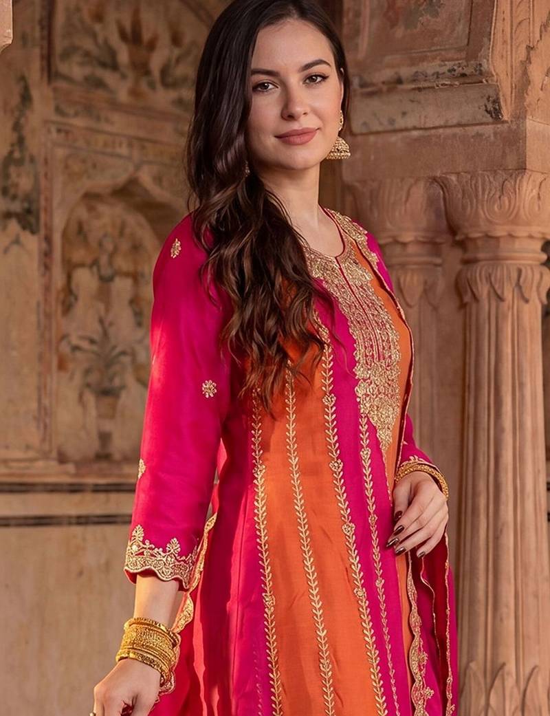 Women Ethnic Motifs Embroidered Panelled Thread Work Kurta with Palazzos & With Dupatta