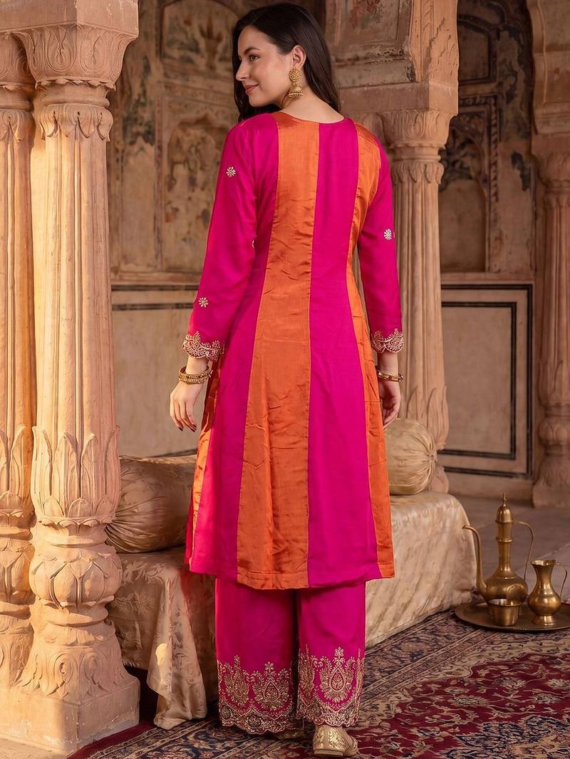 Women Ethnic Motifs Embroidered Panelled Thread Work Kurta with Palazzos & With Dupatta