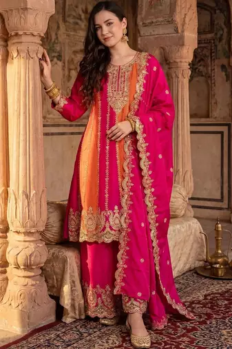 Women Ethnic Motifs Embroidered Panelled Thread Work Kurta with Palazzos & With Dupatta