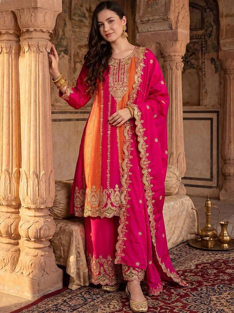 Women Ethnic Motifs Embroidered Panelled Thread Work Kurta with Palazzos & With Dupatta