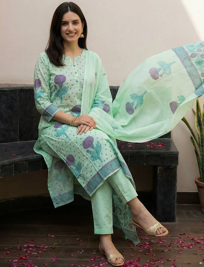 Women Floral Printed Regular Pure Cotton Kurta with Trousers & Dupatta