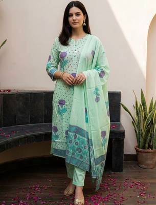 Women Floral Printed Regular Pure Cotton Kurta with Trousers & Dupatta 6