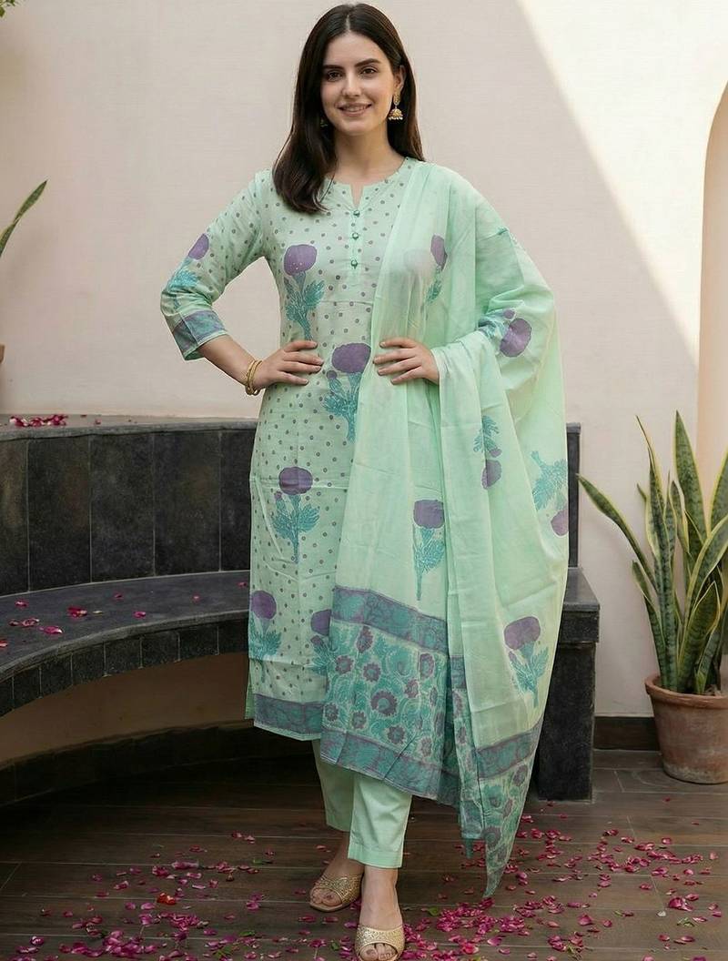 Women Floral Printed Regular Pure Cotton Kurta with Trousers & With Dupatta