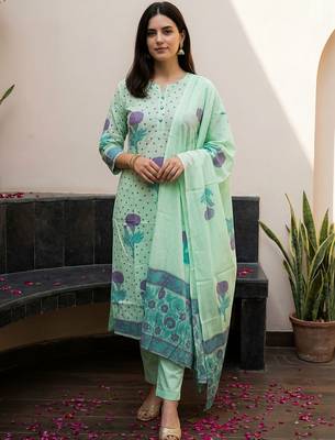 Women Floral Printed Regular Pure Cotton Kurta with Trousers & With Dupatta 6