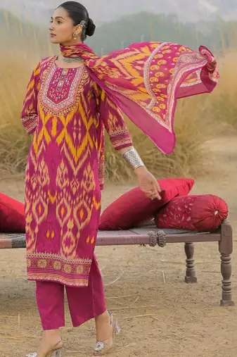 Women Ethnic Motifs Printed Regular Thread Work Pure Cotton Kurta with Trousers & With Dupatta