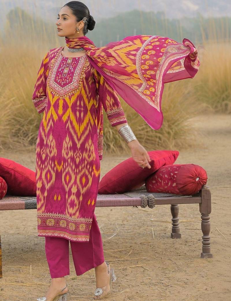 Women Ethnic Motifs Printed Regular Thread Work Pure Cotton Kurta with Trousers & With Dupatta
