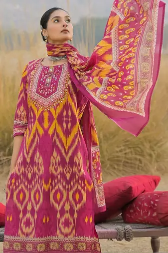 Women Ethnic Motifs Printed Regular Thread Work Pure Cotton Kurta with Trousers & With Dupatta