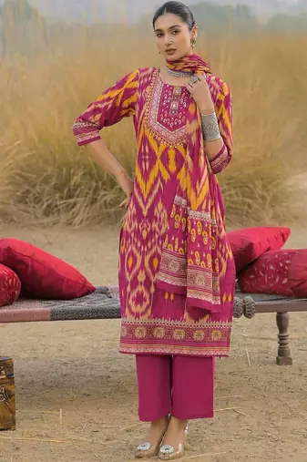 Women Ethnic Motifs Printed Regular Thread Work Pure Cotton Kurta with Trousers & With Dupatta