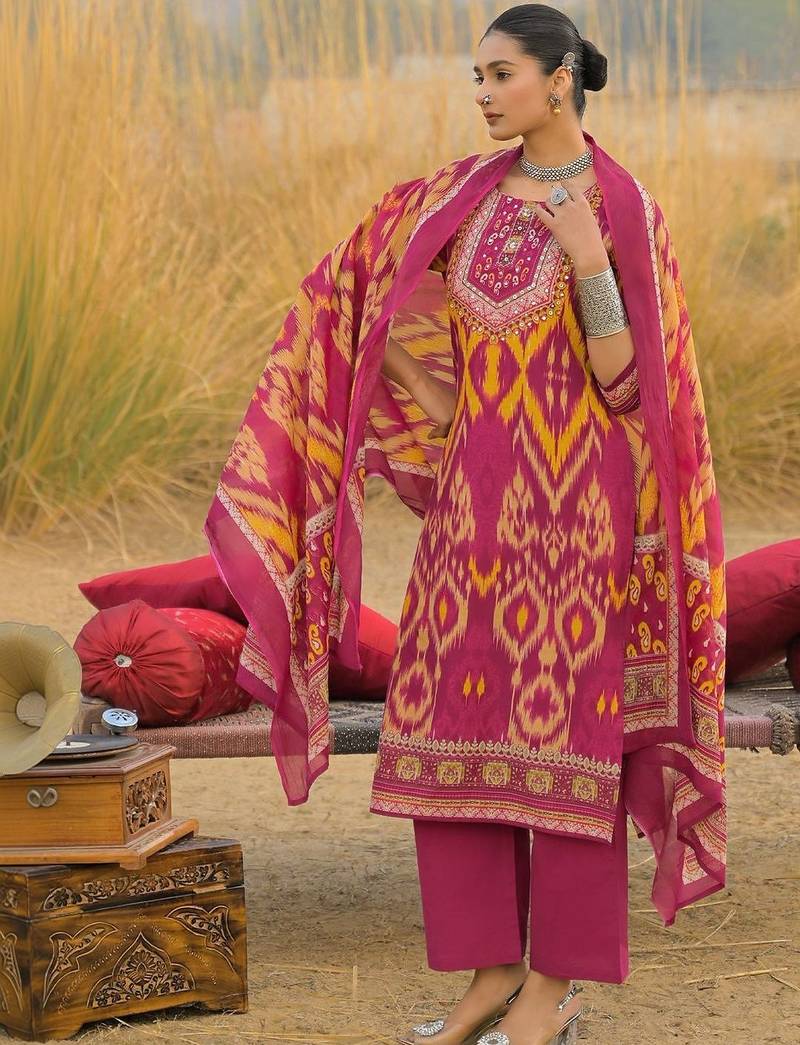 Women Ethnic Motifs Printed Regular Thread Work Pure Cotton Kurta with Trousers & With Dupatta