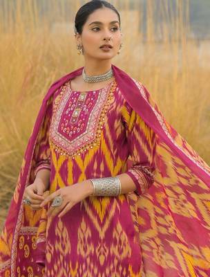 Women Ethnic Motifs Printed Regular Thread Work Pure Cotton Kurta with Trousers & With Dupatta 2