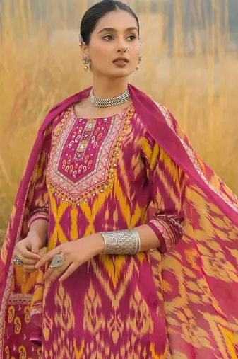 Women Ethnic Motifs Printed Regular Thread Work Pure Cotton Kurta with Trousers & With Dupatta