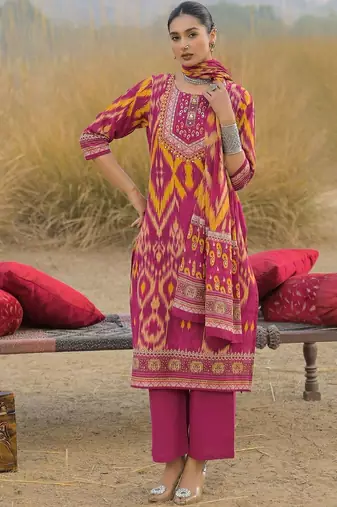 Women Ethnic Motifs Printed Regular Thread Work Pure Cotton Kurta with Trousers & With Dupatta