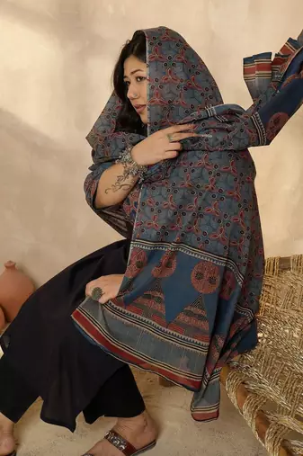 Plus Size Ethnic Printed Regular Pure Cotton Kurta with Trousers & With Dupatta