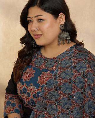 Plus Size Ethnic Printed Regular Pure Cotton Kurta with Trousers & With Dupatta 3