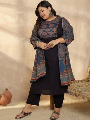 Plus Size Ethnic Printed Regular Pure Cotton Kurta with Trousers & With Dupatta 1