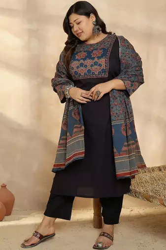 Plus Size Ethnic Printed Regular Pure Cotton Kurta with Trousers & With Dupatta
