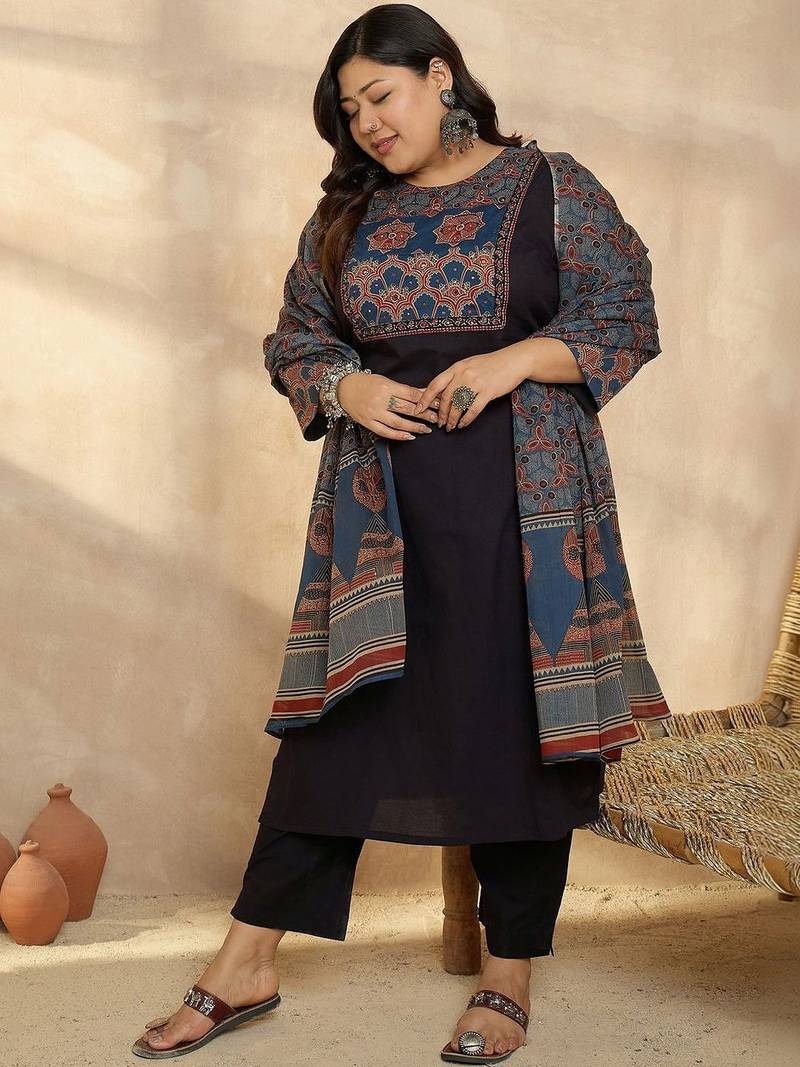 Plus Size Ethnic Printed Regular Pure Cotton Kurta with Trousers & With Dupatta