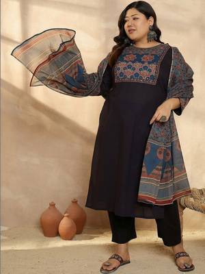 Plus Size Ethnic Printed Regular Pure Cotton Kurta with Trousers & With Dupatta 5