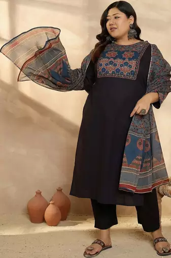 Plus Size Ethnic Printed Regular Pure Cotton Kurta with Trousers & With Dupatta