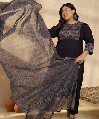Plus Size Ethnic Printed Regular Pure Cotton Kurta with Trousers & With Dupatta 6