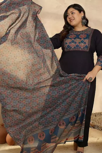 Plus Size Ethnic Printed Regular Pure Cotton Kurta with Trousers & With Dupatta