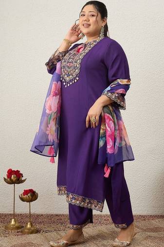 Plus Size Purple Embroidered Straight Kurta Trousers With Dupatta Set