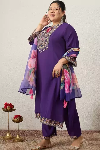 Plus Size Purple Embroidered Straight Kurta Trousers With Dupatta Set