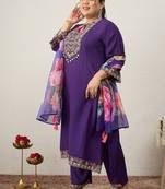Plus Size Purple Embroidered Straight Kurta Trousers With Dupatta Set