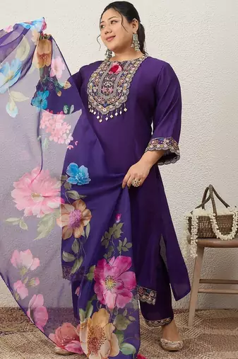 Plus Size Purple Embroidered Straight Kurta Trousers With Dupatta Set