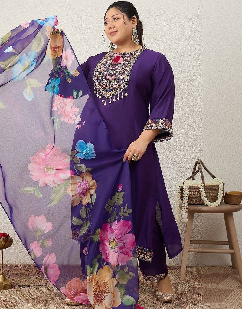 Plus Size Purple Embroidered Straight Kurta Trousers With Dupatta Set
