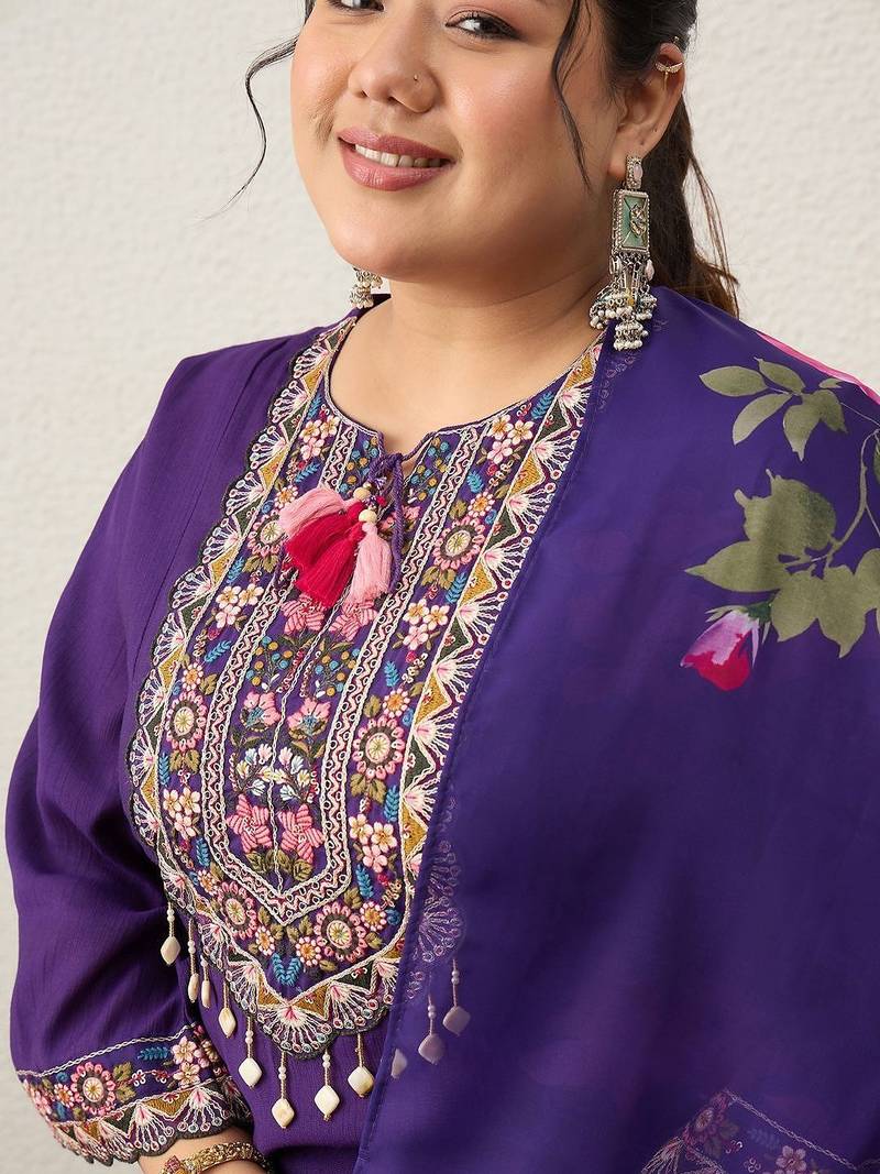 Plus Size Purple Embroidered Straight Kurta Trousers With Dupatta Set