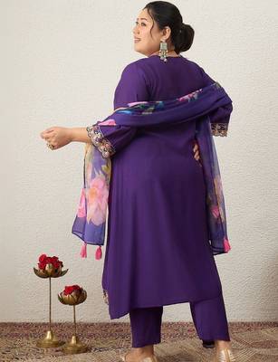 Plus Size Purple Embroidered Straight Kurta Trousers With Dupatta Set 4