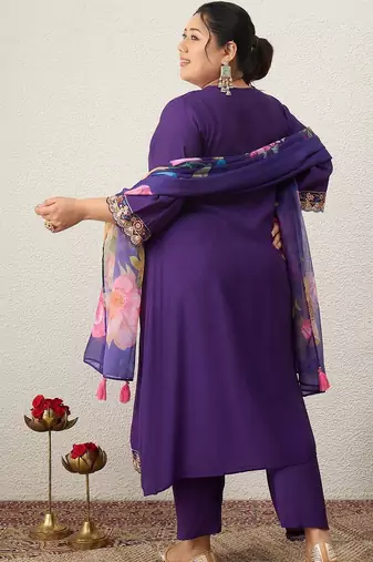 Plus Size Purple Embroidered Straight Kurta Trousers With Dupatta Set