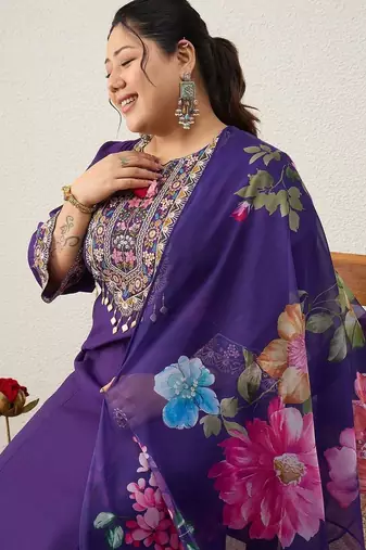 Plus Size Purple Embroidered Straight Kurta Trousers With Dupatta Set