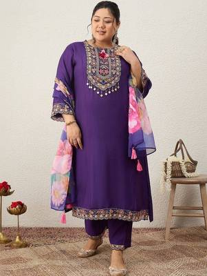 Plus Size Purple Embroidered Straight Kurta Trousers With Dupatta Set 6
