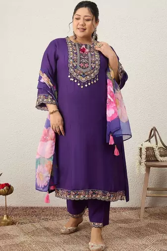 Plus Size Purple Embroidered Straight Kurta Trousers With Dupatta Set