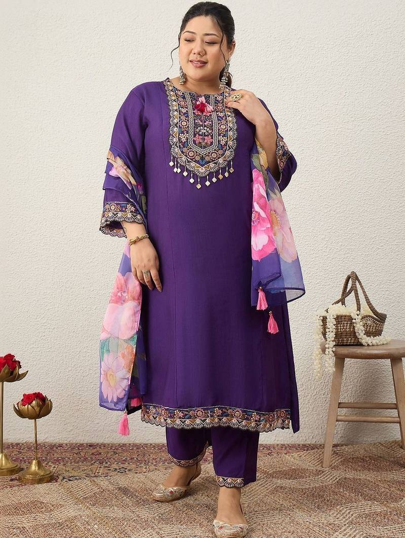 Plus Size Purple Embroidered Straight Kurta Trousers With Dupatta Set