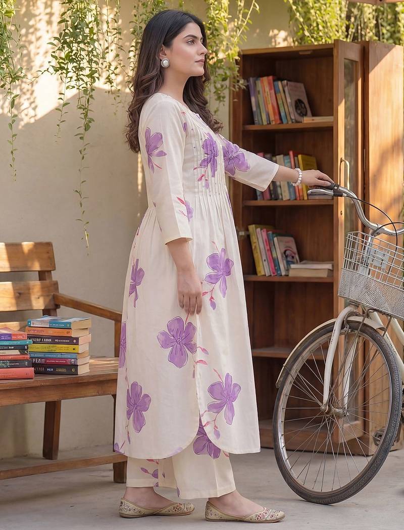 Women Floral Printed Regular Pure Cotton Kurta with Trousers