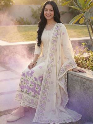 Women Floral Printed Regular Pure Cotton Kurta with Palazzos & With Dupatta 1
