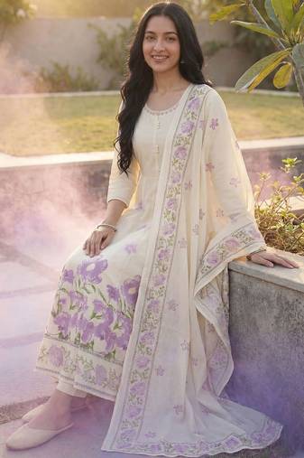 Women Floral Printed Regular Pure Cotton Kurta with Palazzos & With Dupatta