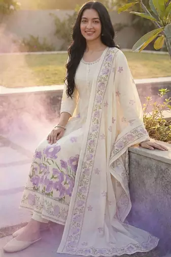 Women Floral Printed Regular Pure Cotton Kurta with Palazzos & With Dupatta