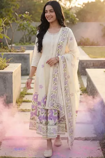 Women Floral Printed Regular Pure Cotton Kurta with Palazzos & With Dupatta