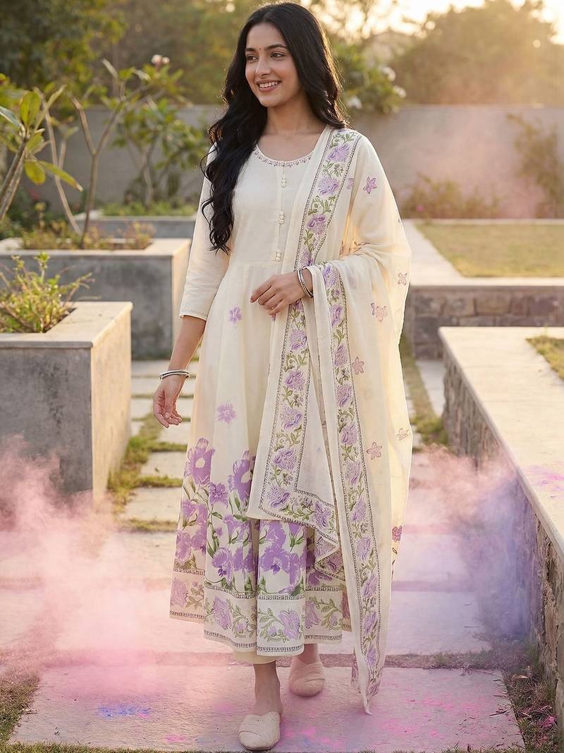 Women Floral Printed Regular Pure Cotton Kurta with Palazzos & With Dupatta