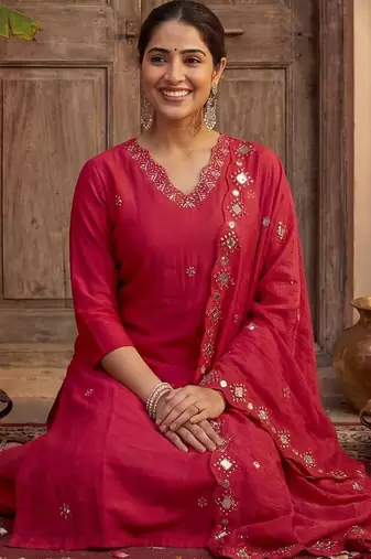 Women V-Neck Mirror Work Kurta with Trousers & Dupatta