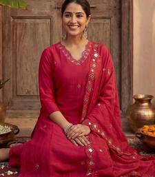 Women V-Neck Mirror Work Kurta with Trousers & Dupatta