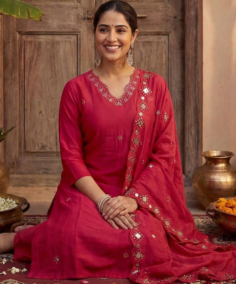 Women V-Neck Mirror Work Kurta with Trousers & Dupatta