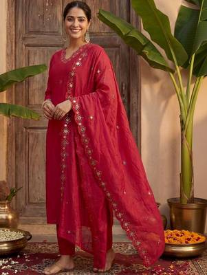 Women V-Neck Mirror Work Kurta with Trousers & Dupatta 1
