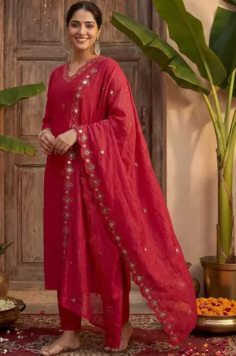 Women V-Neck Mirror Work Kurta with Trousers & Dupatta