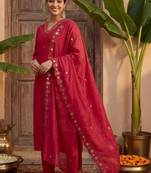 Women V-Neck Mirror Work Kurta with Trousers & Dupatta